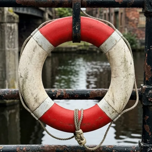 A take: a life ring on a canal bridge