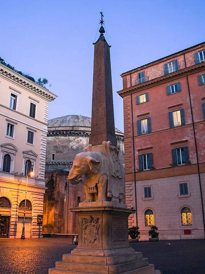 Bernini's Elephant and Obelisk in Rome, at dusk